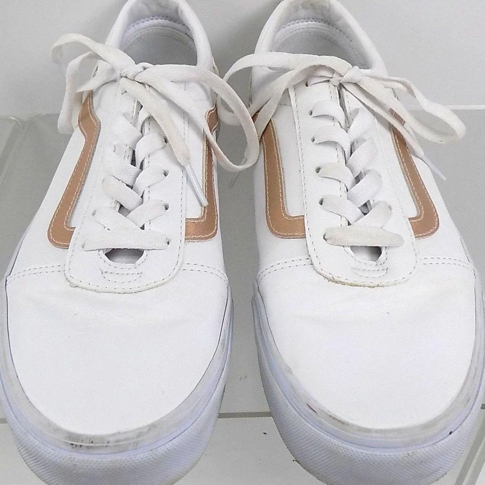 Vans Ward White Leather Rose Gold Metallic Stripe Sneakers Womens 11 Low Top